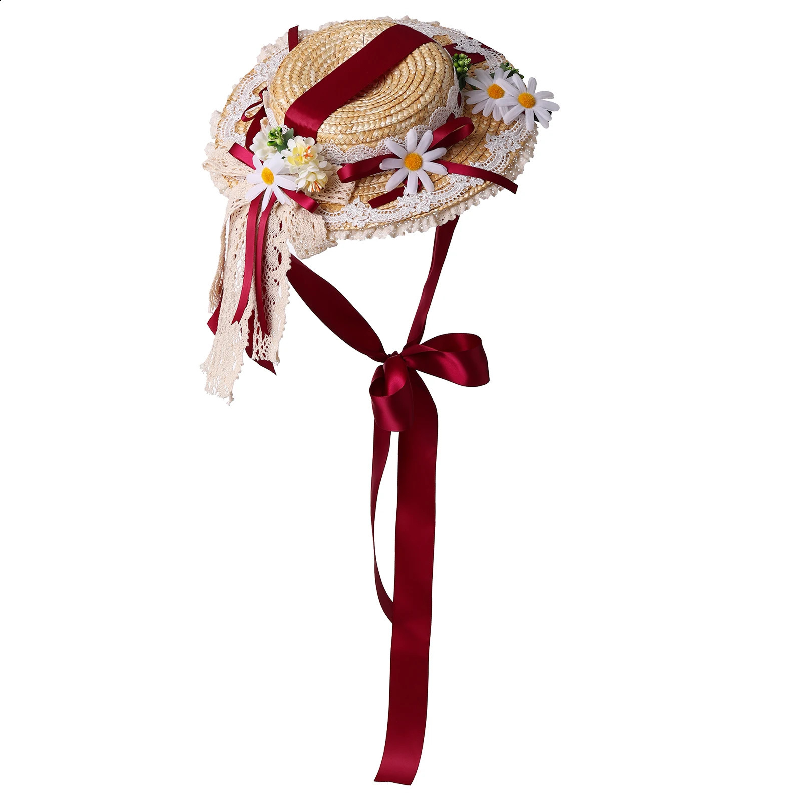 Lolita Straw Hat Women Girl Victorian Pastoral Style Lace Bonnet Hat for Costume Tea Party Flat Cap 250420