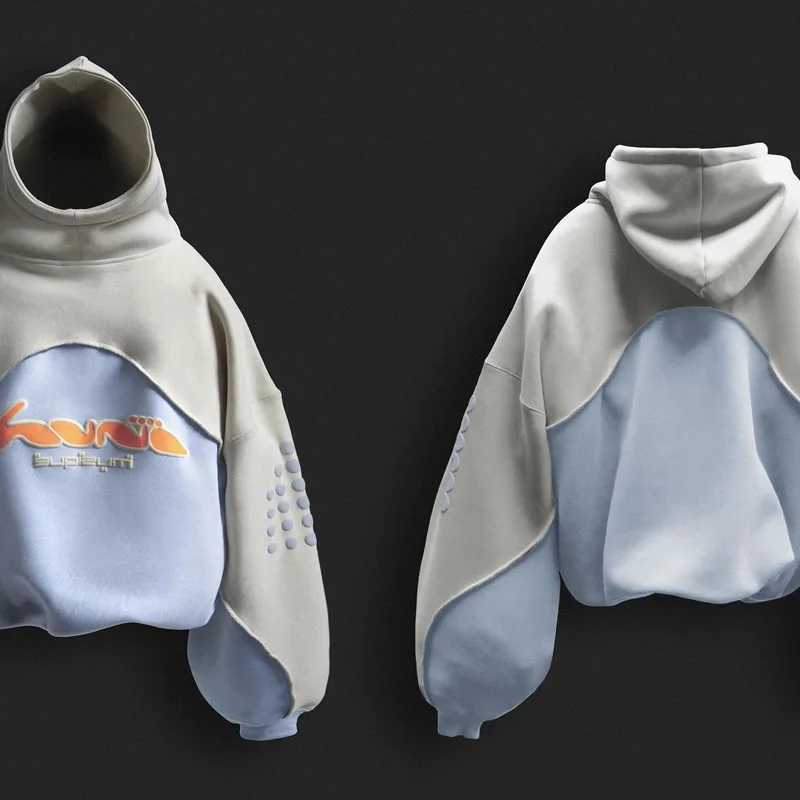 American style fashion hoodie Y2K street patch patchwork pattern mens shirt pocket retro womens shirt M250425