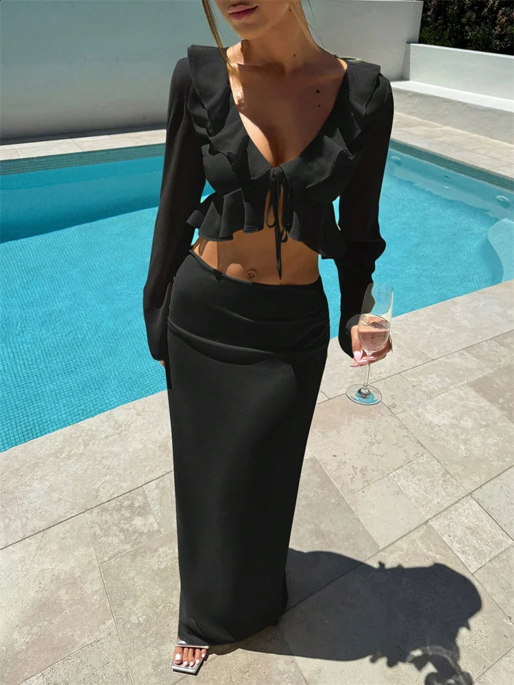 Tossy Fashion Ruffled 2-piece set womens long leather hollow lace cardigan ultra-thin Maxi dress womens dress 250422