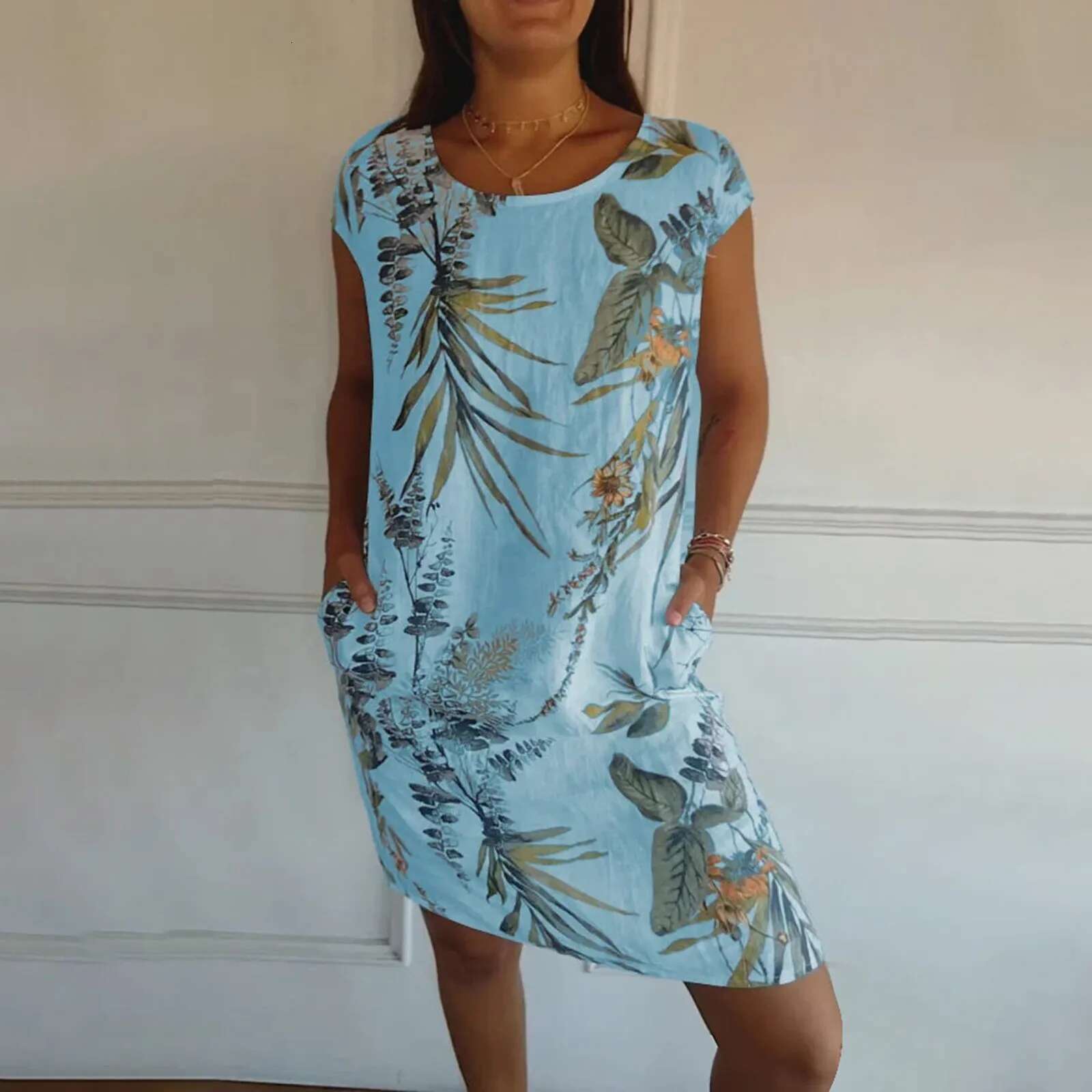 Dongdumaoyi Summer Cotton And Linen Round Neck Printed Pocket Casual Dress Women S Fashionable Short Sleeved Beach Midi Dresses S XL