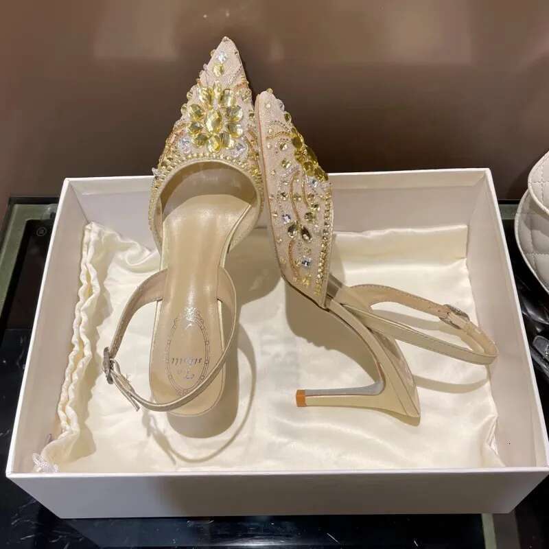 Summer new pointed beaded mesh rhinestone wedding shoes thin high-heeled banquet dress large small size women's sandals