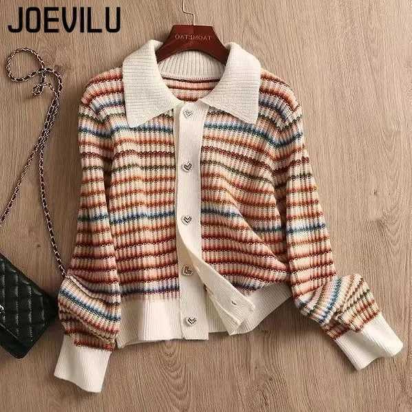 JOEVILU Rainbow Striped Sweater Polo Collar Loose Knitted Cardigans Womens Autumn Retro Fashion Pullover Top Casual Y2k ClothesT251125