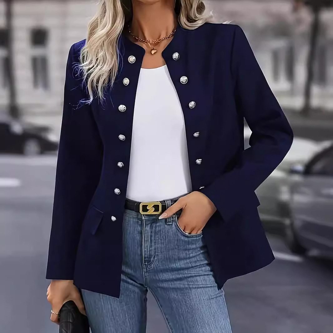 2024 winter fashion solid color stand up collar double breasted cardigan jacket for women