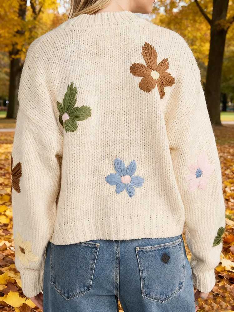 Hot Selling New All-Match Colorful Flower Loose Wool Cardigan Coat Long Sleeve Knitted Women Sweater Fall Winter Warm Beige TopsT251125