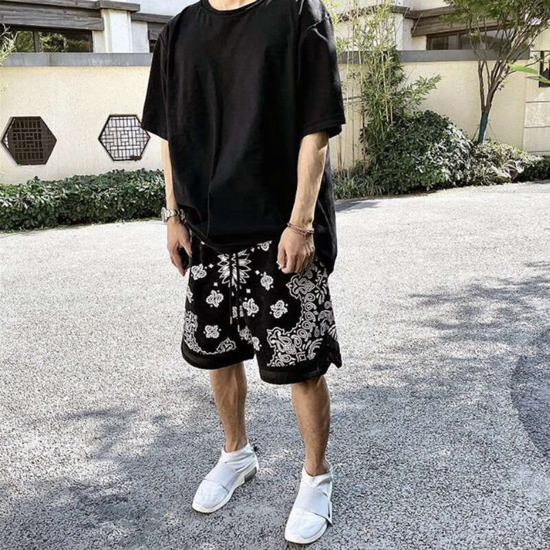 Askyurself military fabric washed worn, cashew flower print trendy brand hip-hop and pop loose shorts, men's five quarter pants