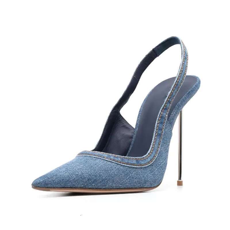 Spring and summer new pointed shallow-mouth denim shoes metal thin high-heeled daily dress fashion large size women's sandals