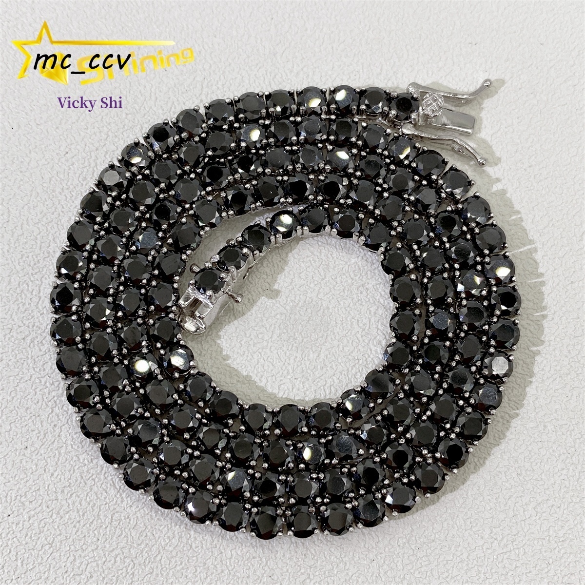 925 Sterling Silver GRA Certificated 3mm 4mm Black Moissanite Tennis Chain Pass Diamond Tester Hip Hop Tennis Necklace