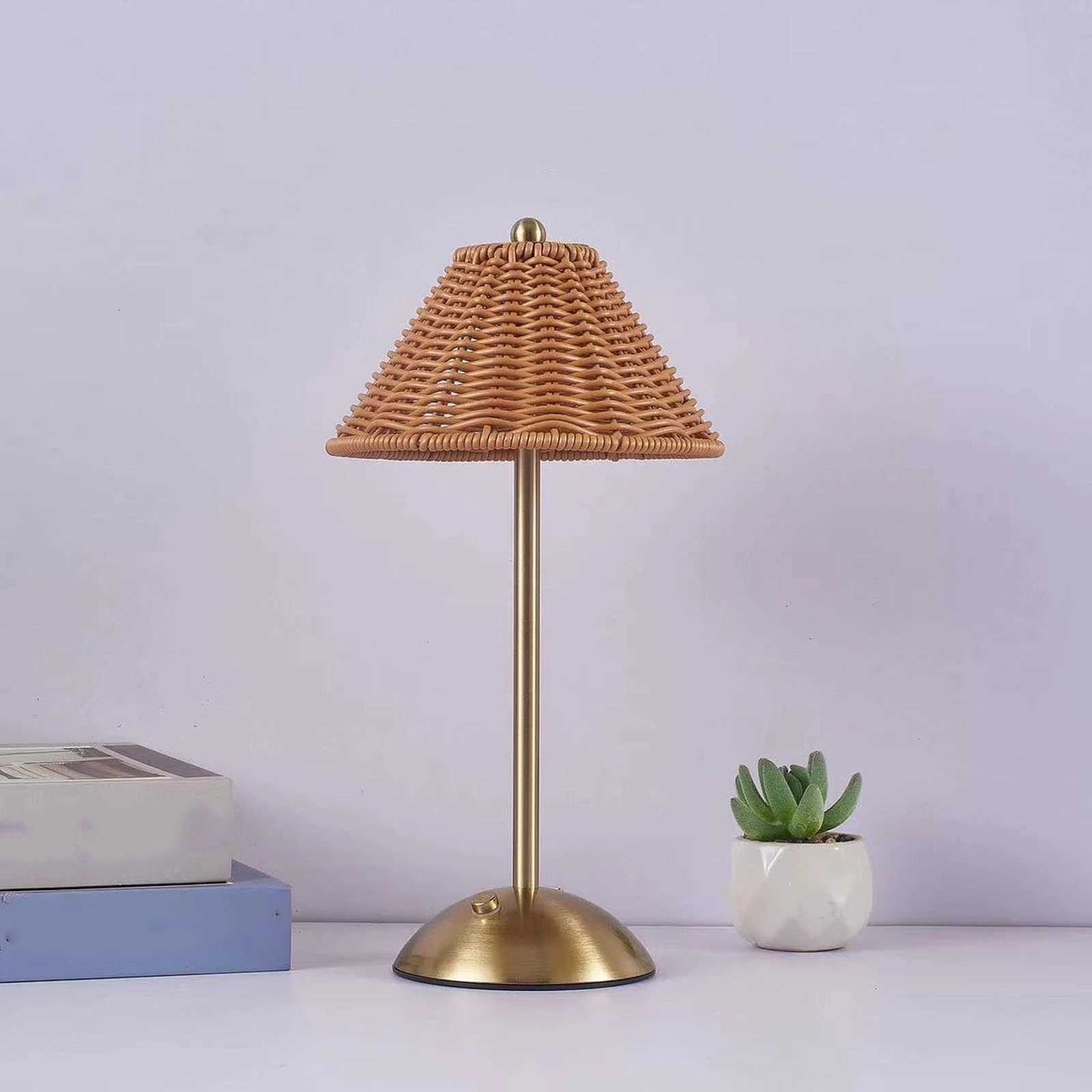 Cordless Boho Rattan Table Lamp PC Rattan Weaving 600mAh LED Rechargeable Reading Light Compact Energy Saving for RestaurantM251125