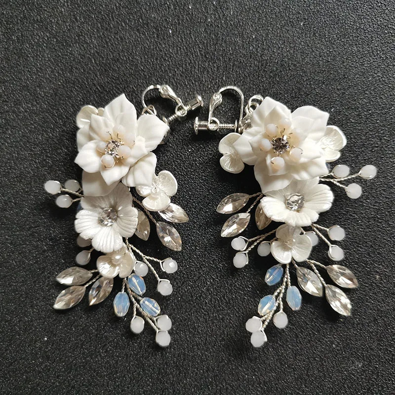 SLBRIDAL Handmade Rhinestone Crystal Pearl Ceramic Flower Bridal Pendant Earrings Wedding Pendant Earrings Fashion Womens Jewelry 250422