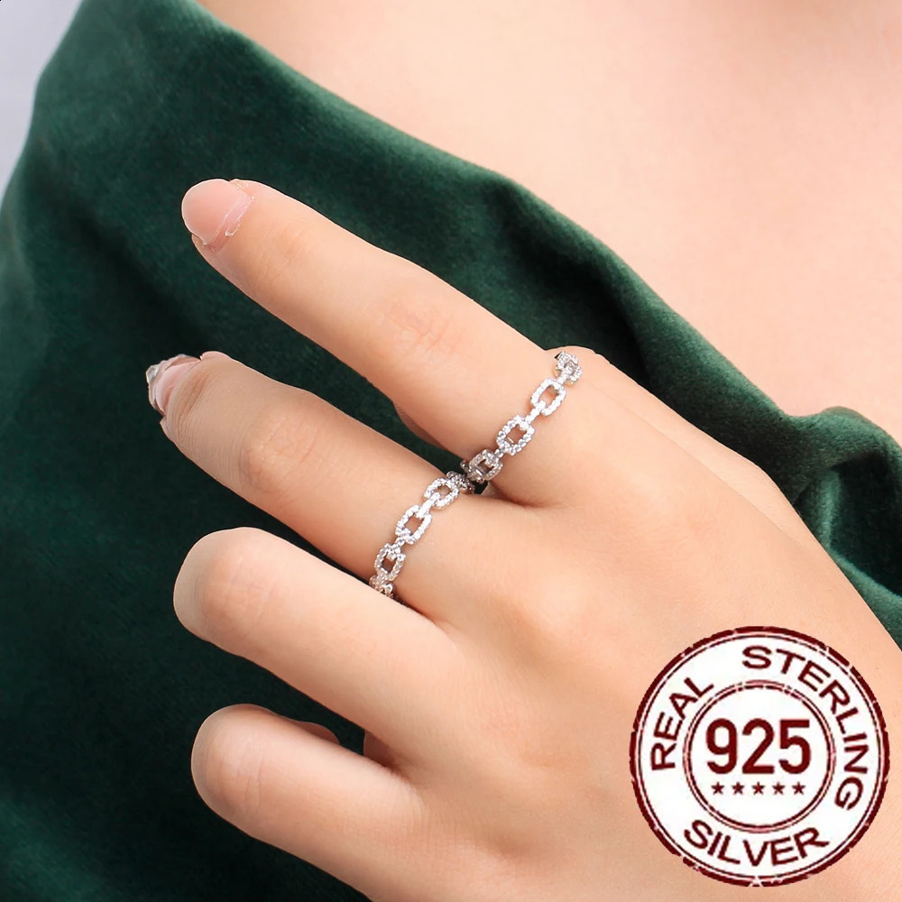 CWWZircons 925 Sterling Silver Trendy Cuban Link Chain Finger Rings for Women White CZ Fine Party Accessories Jewelry Gift SR011 250425