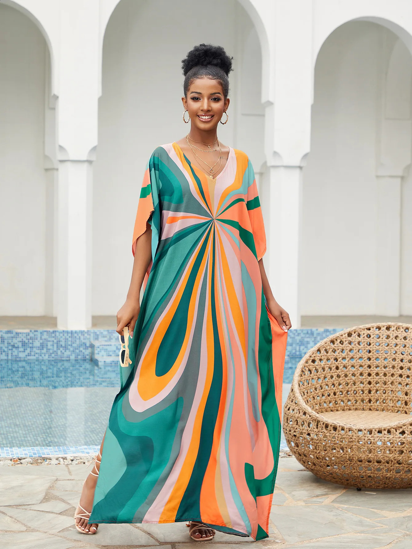 Womens Kaftan Dress Ethnic Bohemian Printed Swimsuit Covered Vneck Cafe 250422