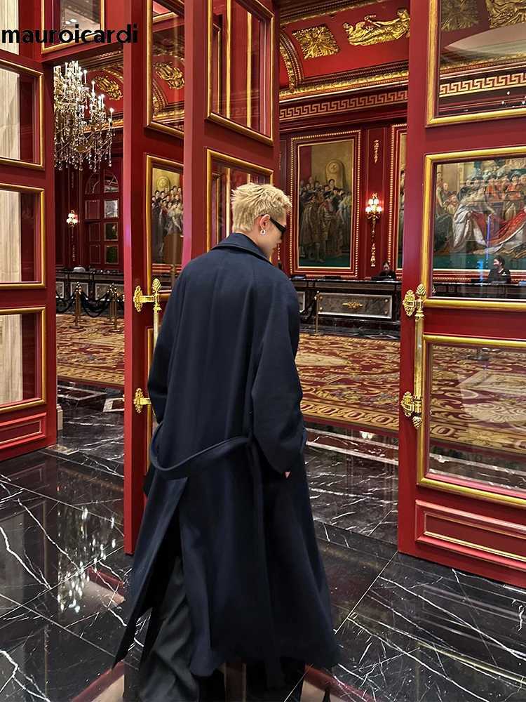Mauroicardi Autumn Winter Oversized Extra Long Warm Navy Blue Wool Blends Coat Men Loose Luxury Designer Woolen Overcoat 2024T251125