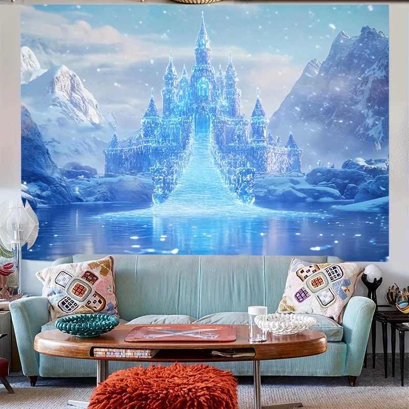 VIKAMA Ice Castle Tapestry Nordic Style Blue Glow Snowy Lake Background Wall Decor Christmas Winter Room DecorM251125