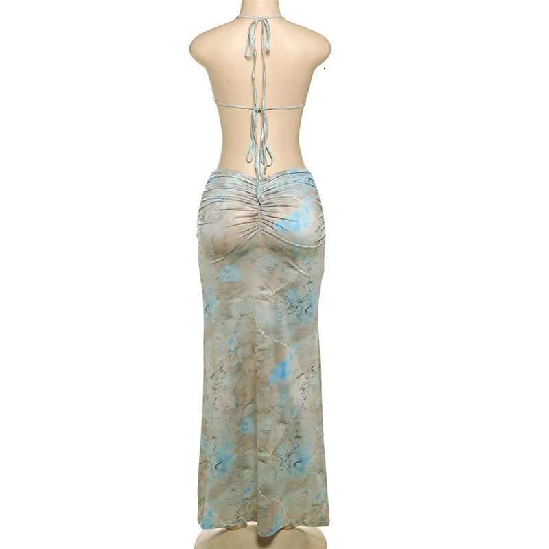 Dongdumaoyi Townlike Print Maxi Long Dress Women Halter Strapless Spring Summer Chain Backless Nightclub Sexy Party Dresses