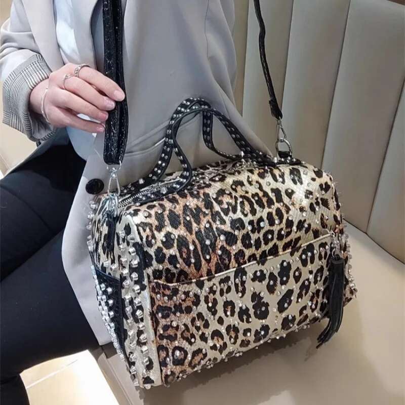Spring and autumn rhinestone rivet soft leather leopard print handbag casual large-capacity one-shoulder cross-body women's bag