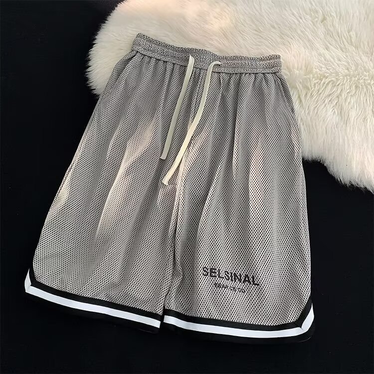 Short men's new outfit, casual, loose, breathable, ice silk mesh basketball sports five quarter pants for summer