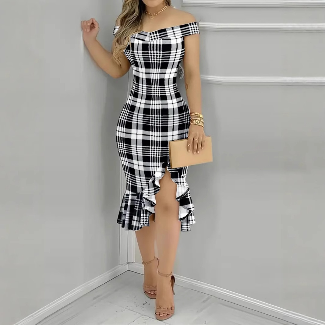 2025 womens one shoulder sexy off shoulder ruffle edge dress womens clothing