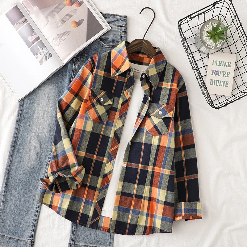 Cotton flannel plain weave womens shirt autumn item womens casual slim fit long sleeved shirt and top womens checkered clothing 250418