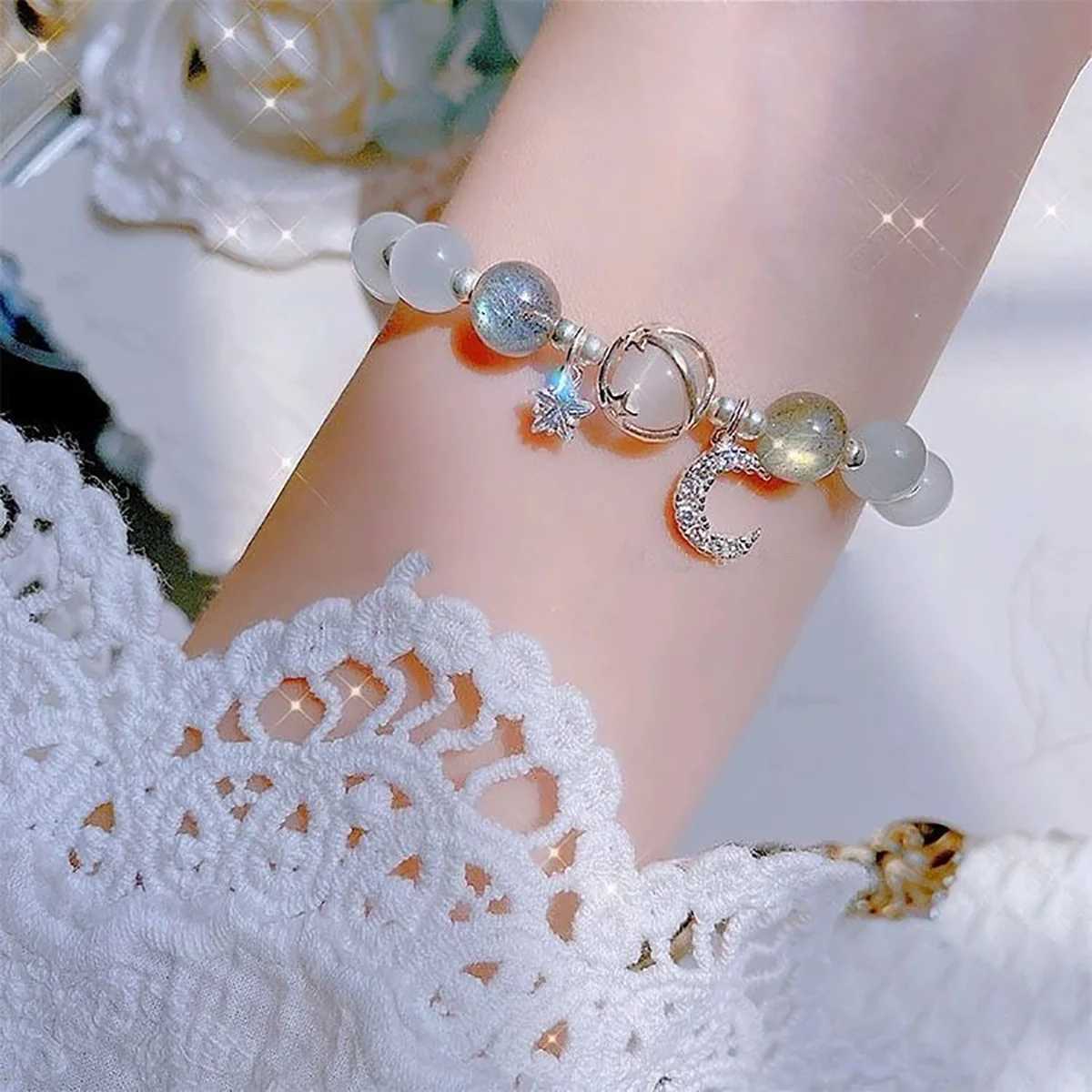 Princess Girls Star Moon Bracelet Blue Purple Color Opal Stone Bracelet for Kids Shiny Crystal Bracelets Wristband Jewelry Gift J251125
