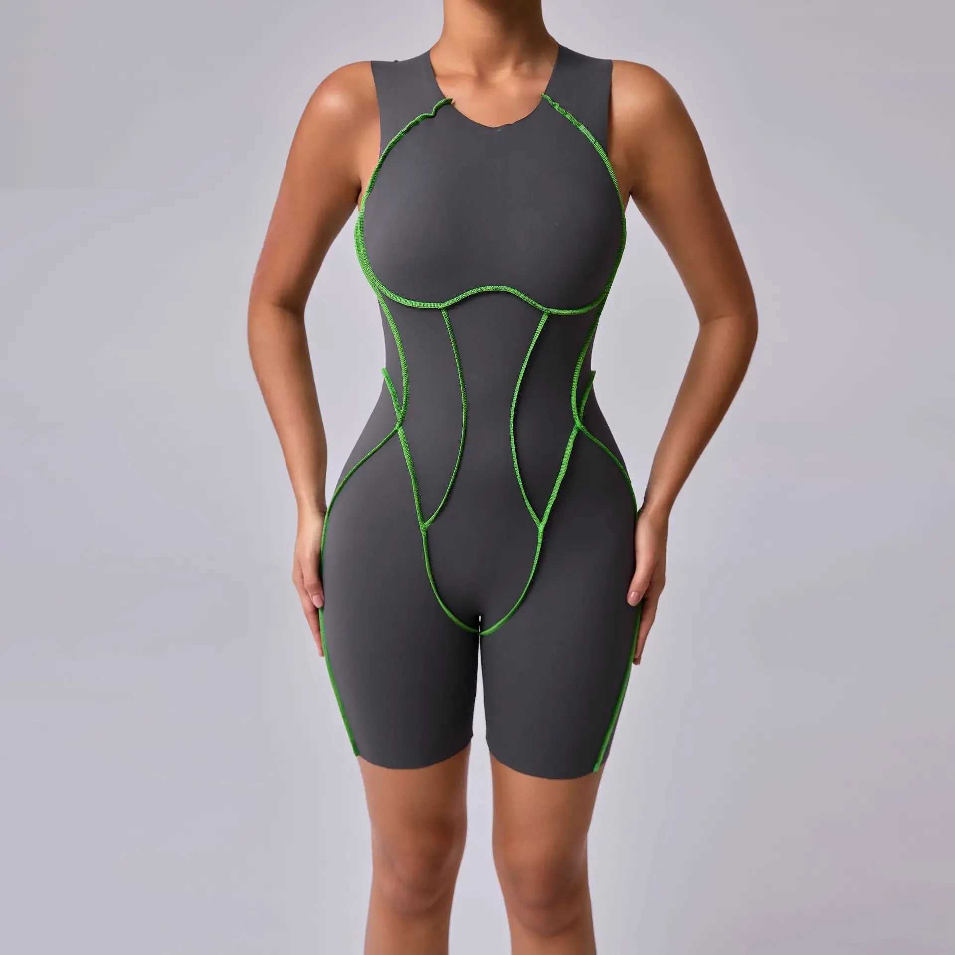 Seamless yoga jumpsuit fitness Hip lifting Line contrasting colors tight fitting Onesie backless one-piece yoga setC250425