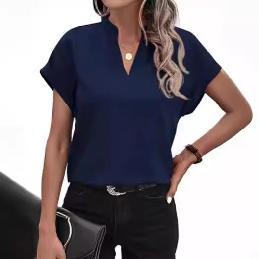 2024 summer simple and fashionable V-neck short sleeved linen shirt for women