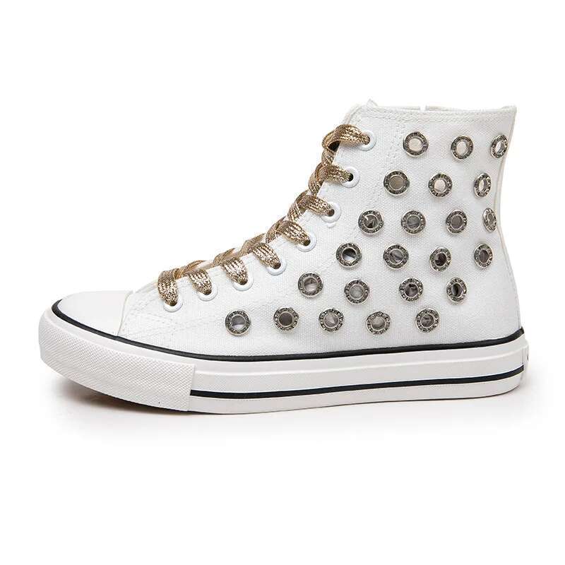 Spring and summer lace-up side zipper rivet breathable hole short canvas flat inner heightening large size women's shoes