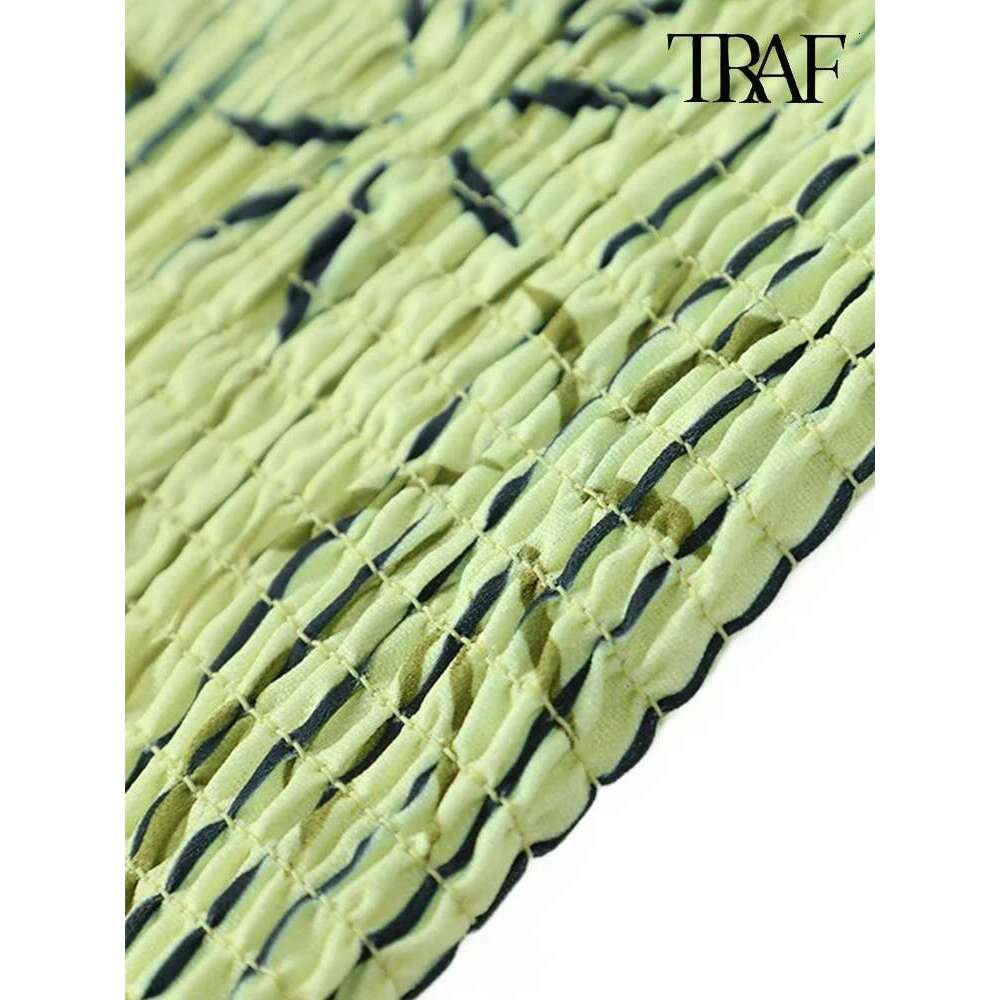 TRAF Women Fashion Pleated Printed Casual Sexy Sleeveless Ruffle Decorative Tie Top + Spliced Wide Leg Pants Two Piece Set