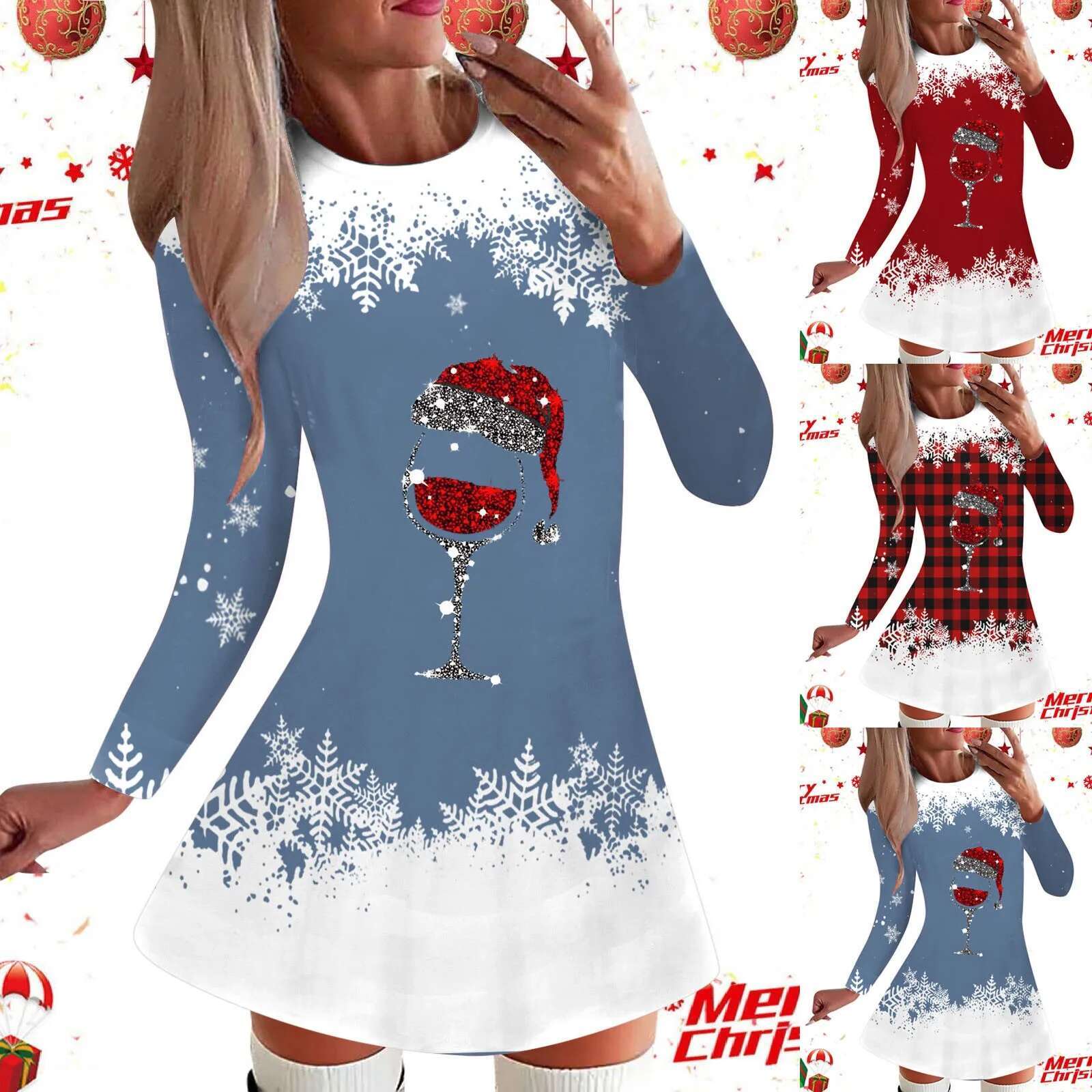 Dongdumaoyi Womens Dresses Spring Fashion Christmas Wine Glasses Print Casual O Neck Long Sleeve Mini A Line Dress Clothes
