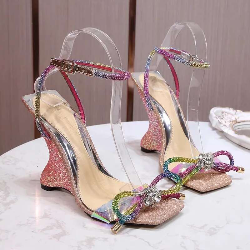 Summer new square head sequin rhinestone bow PVC sexy sandals slope heel high-heeled banquet dress large size women's shoes