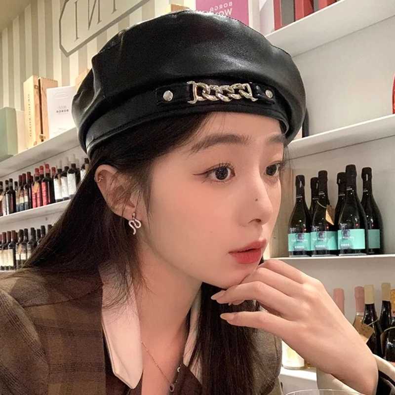 Women Fashion Vintage Elegant Metal Chain Leather Octagonal Beret Ladies Vintage Solid Colours Beret Caps J251125