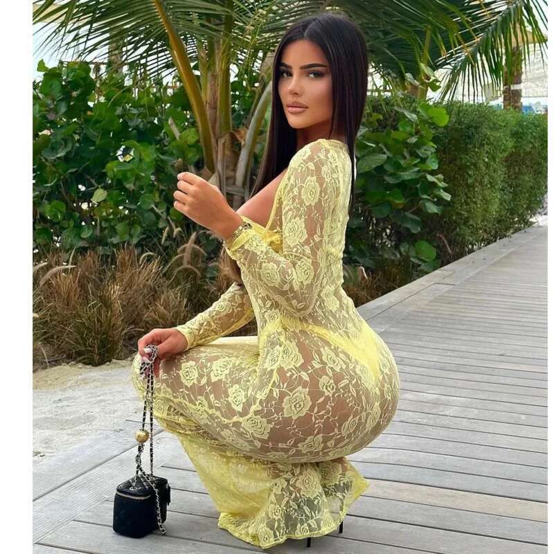Dongdumaoyi Townlike Perspective Lace Slim Bodycon Dress Women Strapless Autumn Winter Elegant Maxi Long Sexy Party Dresses