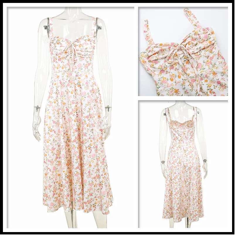 Dongdumaoyi Townlike Waist Wrap Print A Line Midi Long Dress Women Spaghetti Strap Spring Summer Backless Sexy Party Dresses
