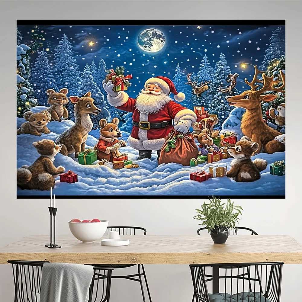 1pc Santa Claus and Reindeer Christmas Tapestry with Snow Scene Elf Deer Decor Christmas Tree Door PartyOrnaments BackdropFabricM251125