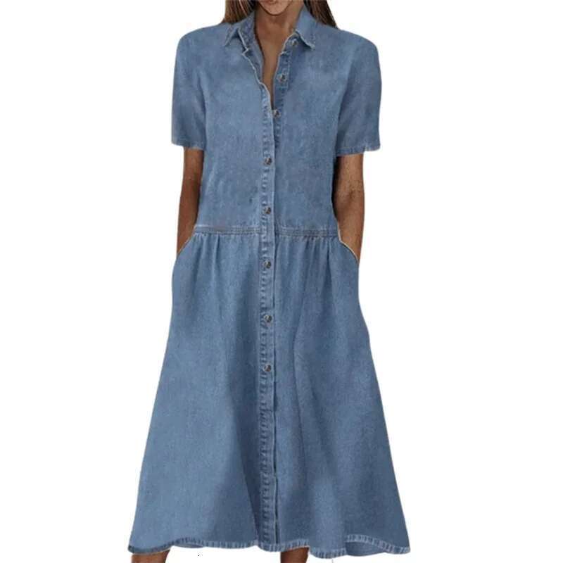 Designer Clothes Elegant Solid Color Short Sleeve Denim Dress Summer Lapel Single-Breasted Splice Dressy Female Comfortable Commuter Casual Gown