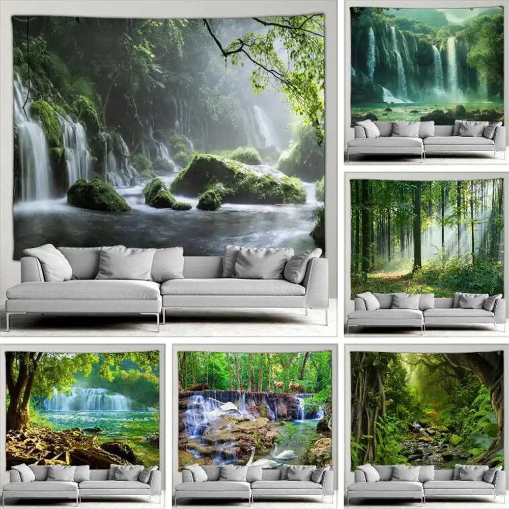 Outdoor Garden Poster Forest Waterfall Landscape Tapestry Tropical Plants Landscape Home Patio Wall Hanging Art Decor MuralM251125