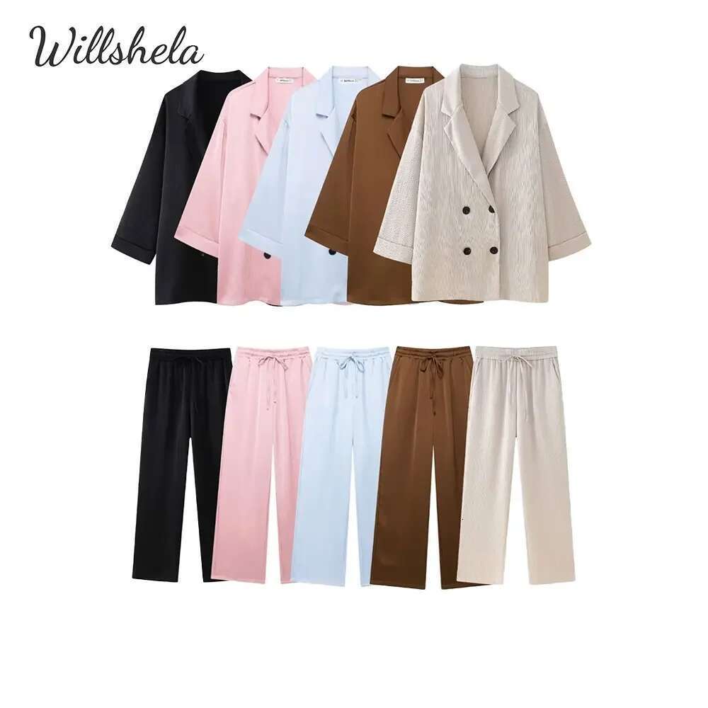 Willshela Women Fashion 2 Piece Set Solid Double Breasted Blazer & Elastic Waist Trousers Feamle Chic Lady Pants Sets