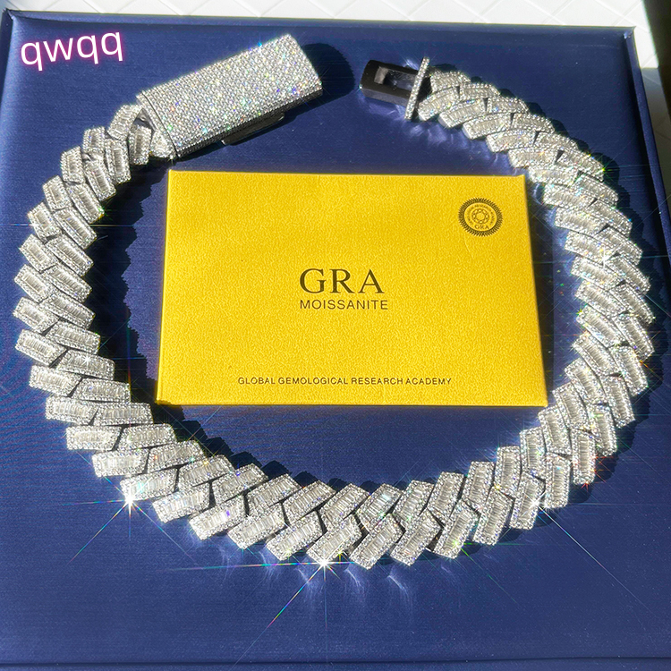 Hip Hop Baguette Cuban Chain Fine Jewelry 15mm 18mm 20mm 925 Solid Silver VVS Baguette Moissanite Cuban Link Chain Necklace