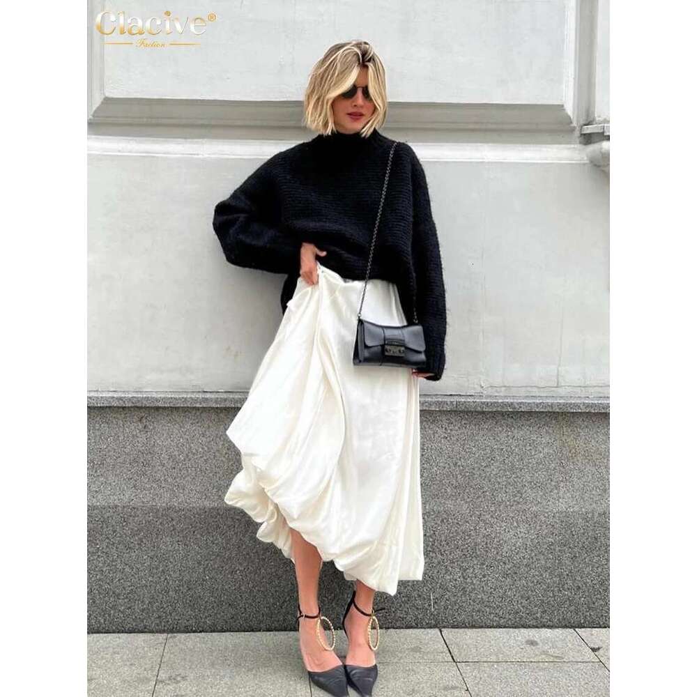 Clacive Fashion Beige Satin Skirts For Women Elegant High Waist Office Lady Ankle-Length Casual Loose Skirt Female Clothes