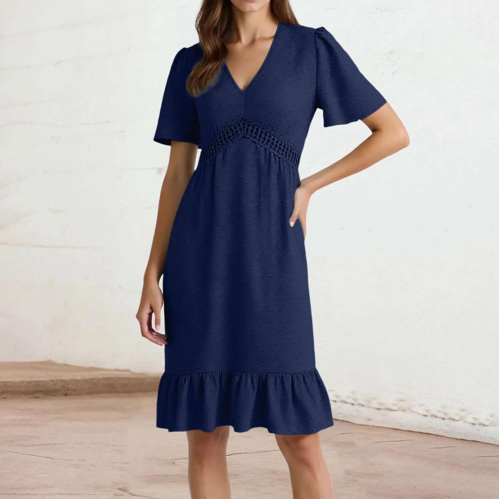 Dongdumaoyi Women Summer Beach Dress Dots Short Sleeve Casual V Neck Elastic Waistband Ruffled Edge Folds Skirt Regular