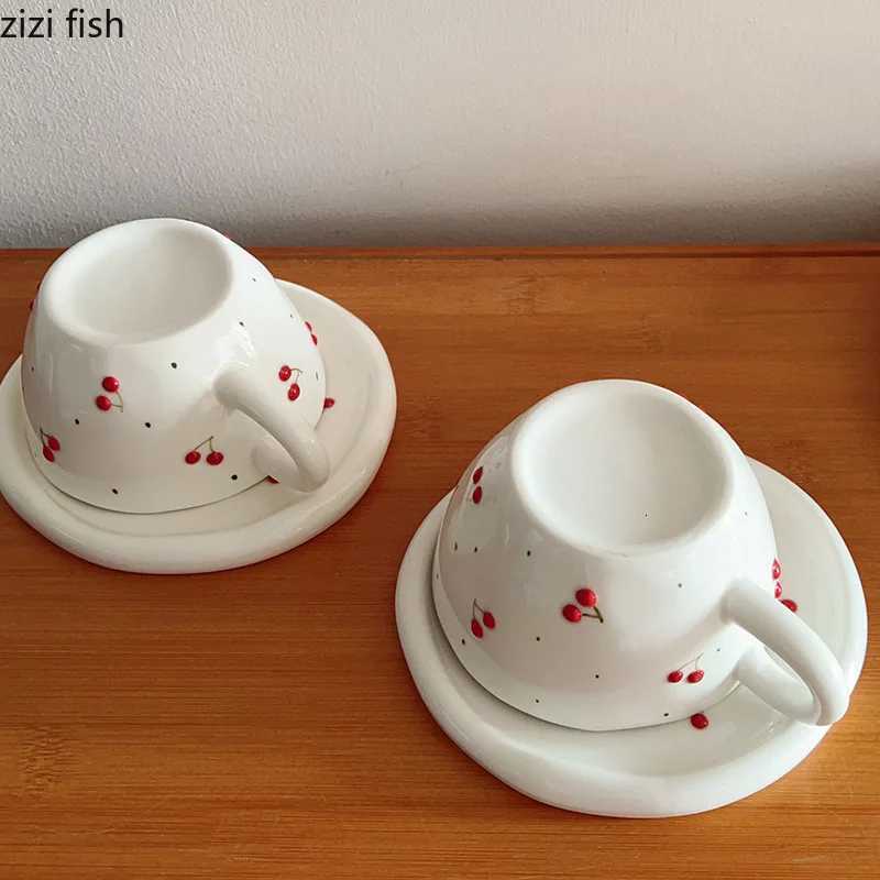 Cherry Coffee Cups and Plates Afternoon Tea Mug Water Cup Breakfast Cup Dessert Dish Milk Tea Cups Coffee Mug Tea Mugs Y251125