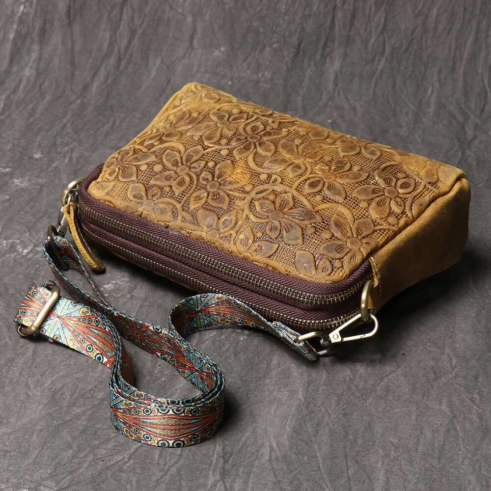LUOKIR New Women's Genuine Leather Emed Shoulder Wind Horse Cowhide Mobile Phone Bag, Vintage Style Crossbody Bag