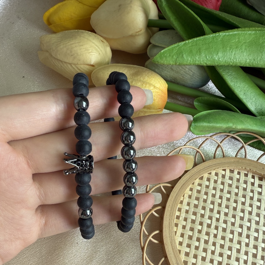 Black Stone Beaded Bracelet Set with Crown Charm - Black Dazzle Jewelry Pair