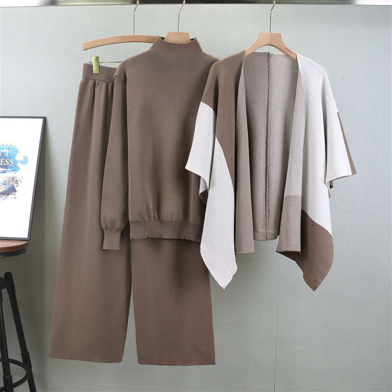 2025 Autumn/winter New Fashionable Knitted Color Blocked Shawl Wide Leg Pants Stylish 3-piece Set for Women Long Printing Temperament New Product New 