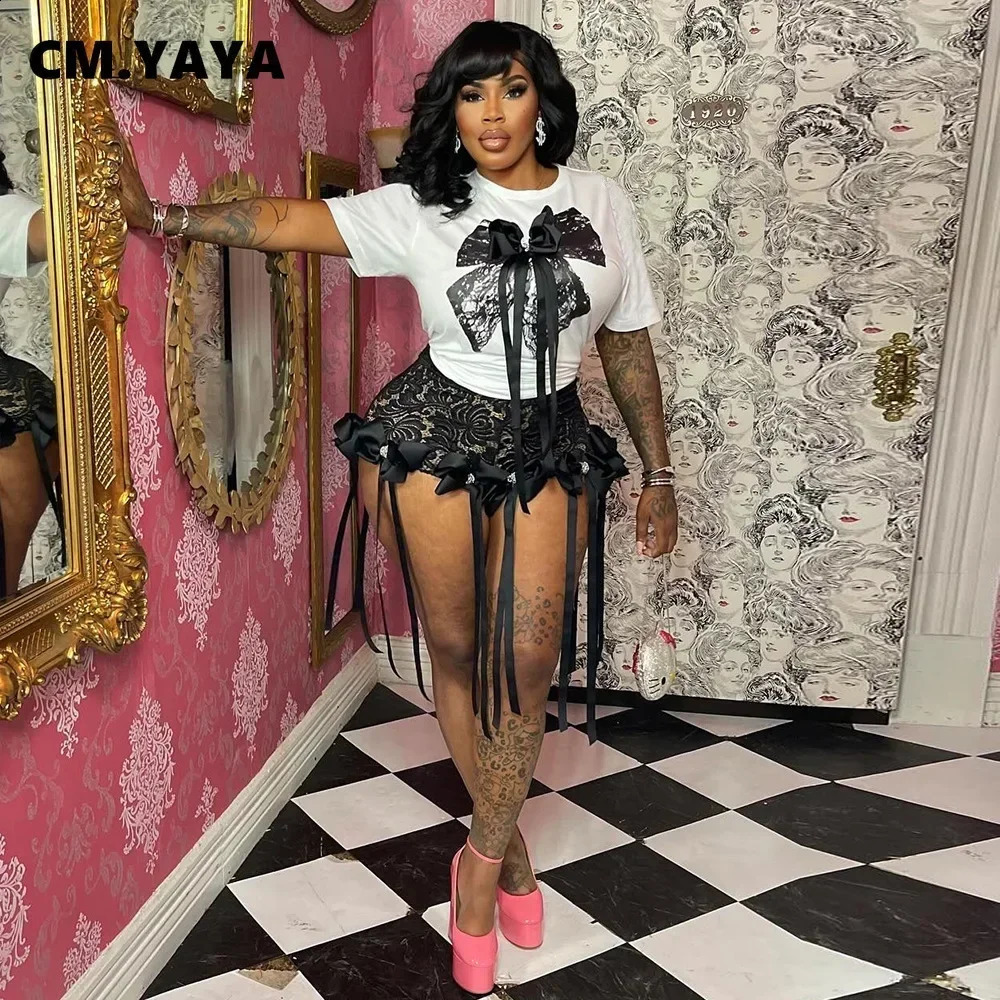 CM. YAYA Womens Bow O-neck Short sleeved Top and Lace Short sleeved Set Casual Two piece Set Summer Sportswear 250422
