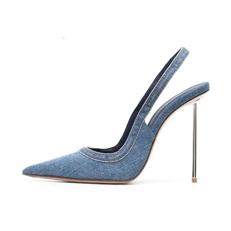 Spring and summer new pointed shallow-mouth denim shoes metal thin high-heeled daily dress fashion large size women's sandals