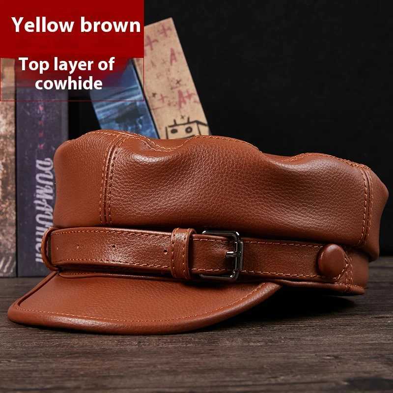 Mens Genuine Leather Hat Autumn Winter Cowhide Retro Duckbill Cap Trendy Middle-Aged Youth Flat Top Biker Hat Unisex Beret J251125