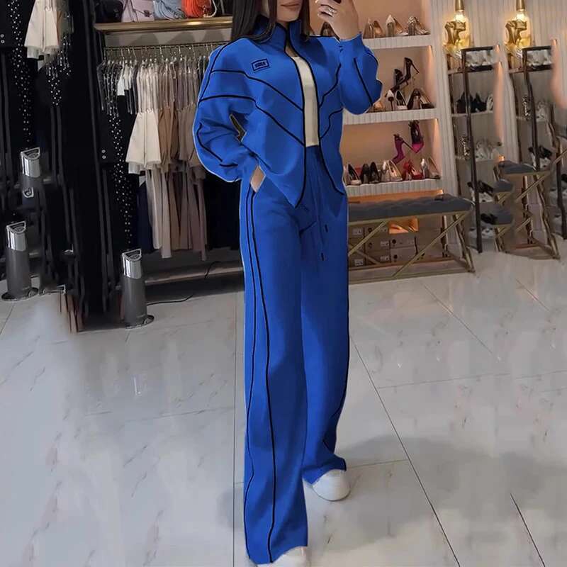 Spring Autumn Two-Piece Women Stand-Up Collar Long Sleeve Zipper Coat+High Waist Lace Up Straight Wide Leg Pants Set Outfits