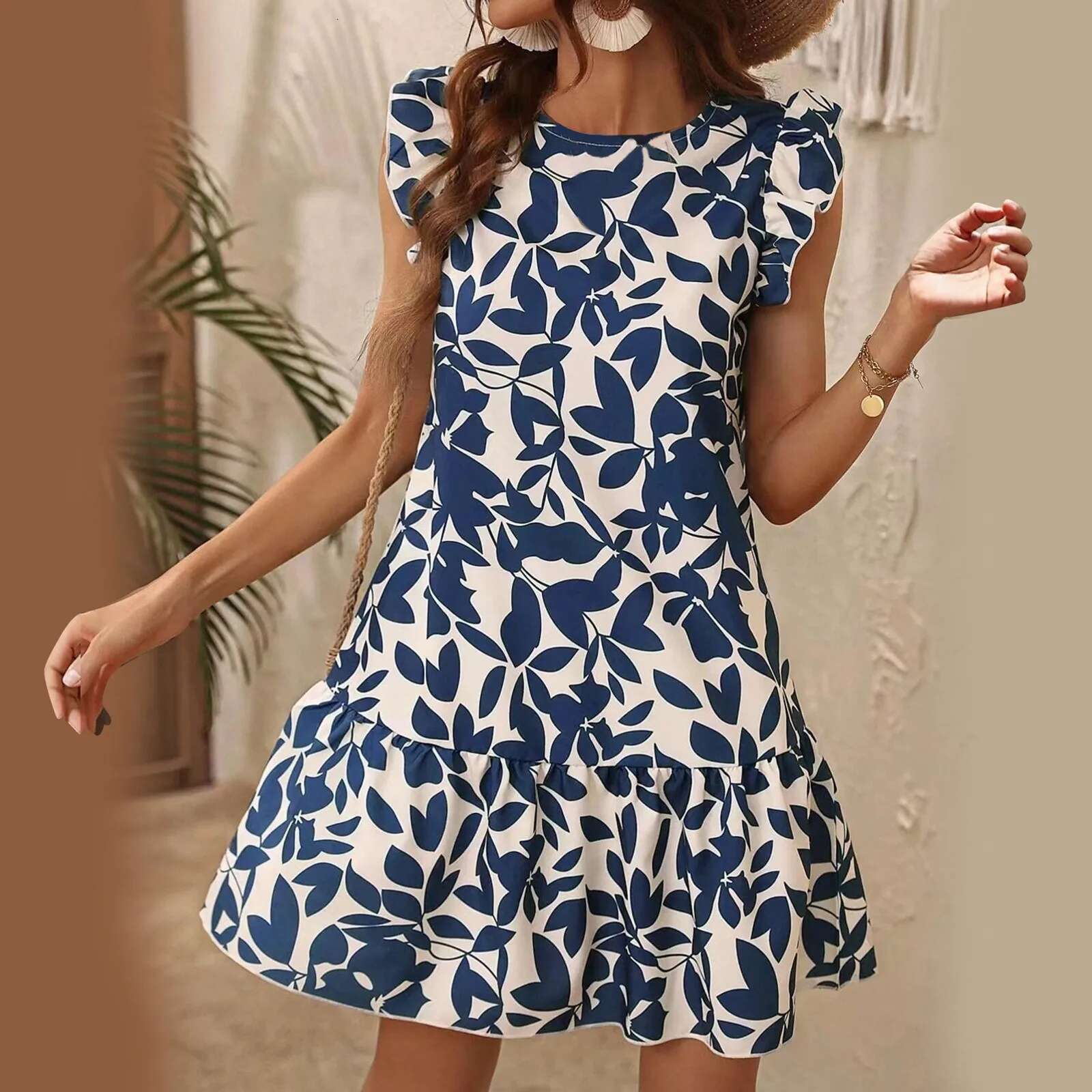 Dongdumaoyi Elegant O Neck Print Ruffles A Line Dress Women Summer Sleeveless Bohemian Sundress Casual Loose Party Knee Length Beach