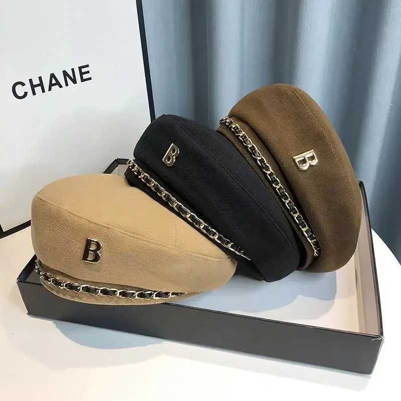Chain Beret Hat For Women Cap Winter Retro Brown Black Artist Flat Fashion Lady Girls Vintage Cap Star Style J251125