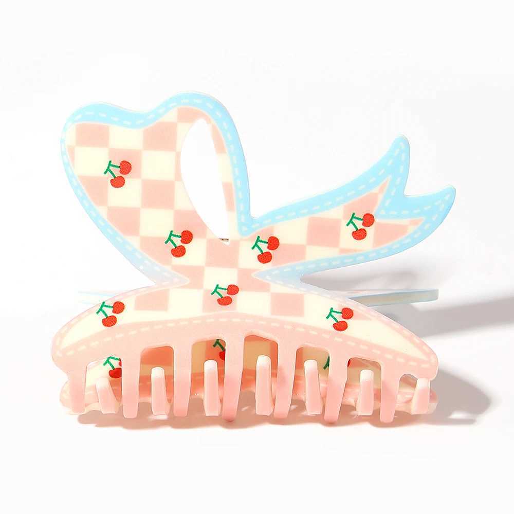 Sweet pink checkered cherry bow large-sized hair clip suitable for womens new ponytail geometric hair clip headwearT250425